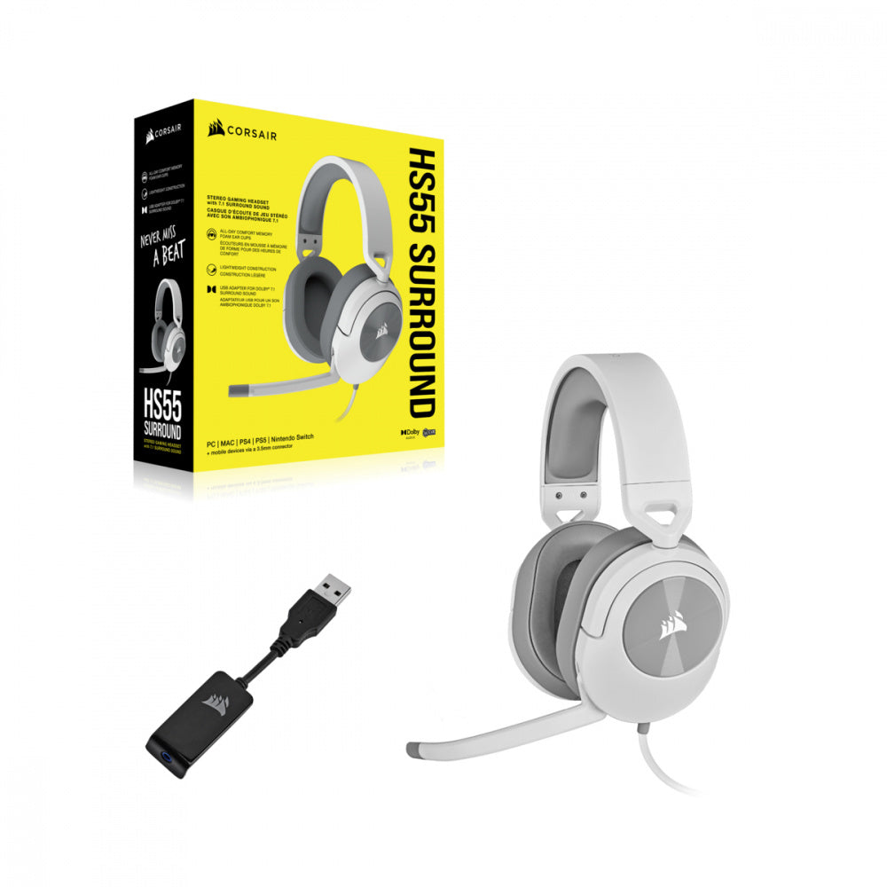 Corsair Audífonos Gamer HS55 SURROUND 7.1, Alámbrico, 1.8 Metros, 3.5mm/USB, Blanco