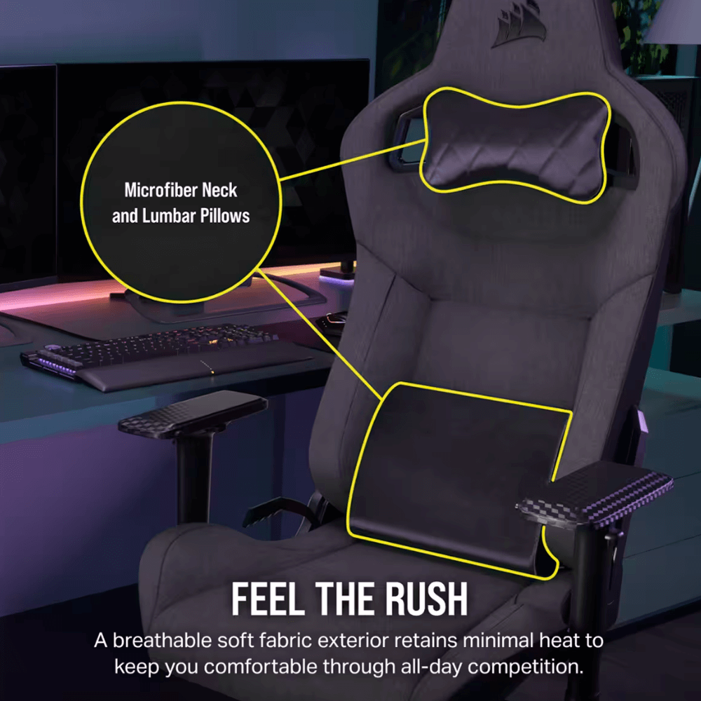 Corsair Silla Gamer T3 RUSH, hasta 120Kg, Gris/Carbón